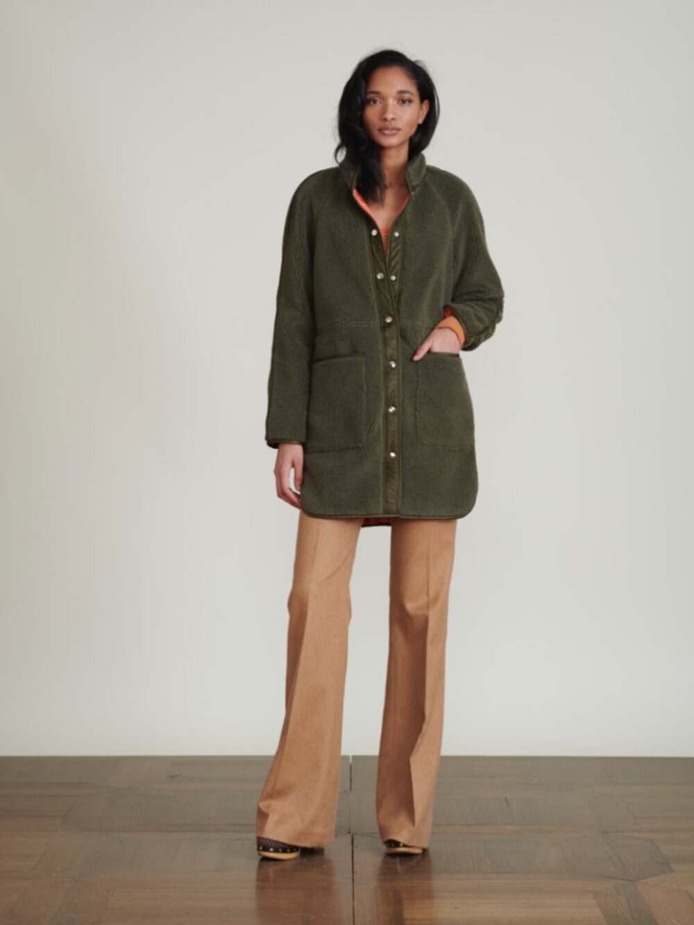 VERONICA BEARD Sullie Sherpa Jacket Large Army Green Snap Front Utility Coat